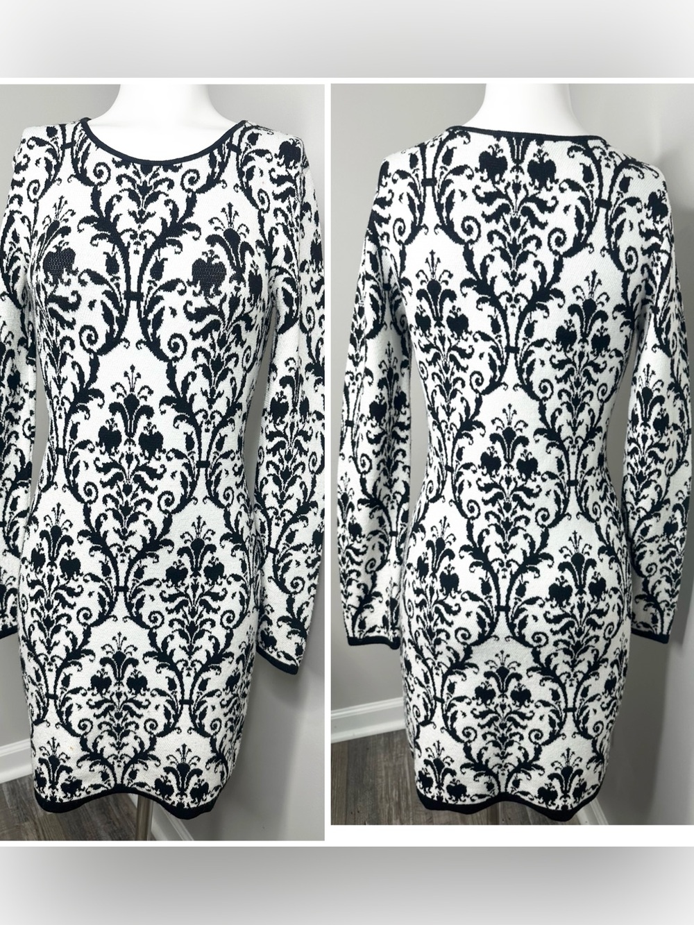 Neiman Marcus Black & White Damask Knit Dress - Patterned Dress-XS